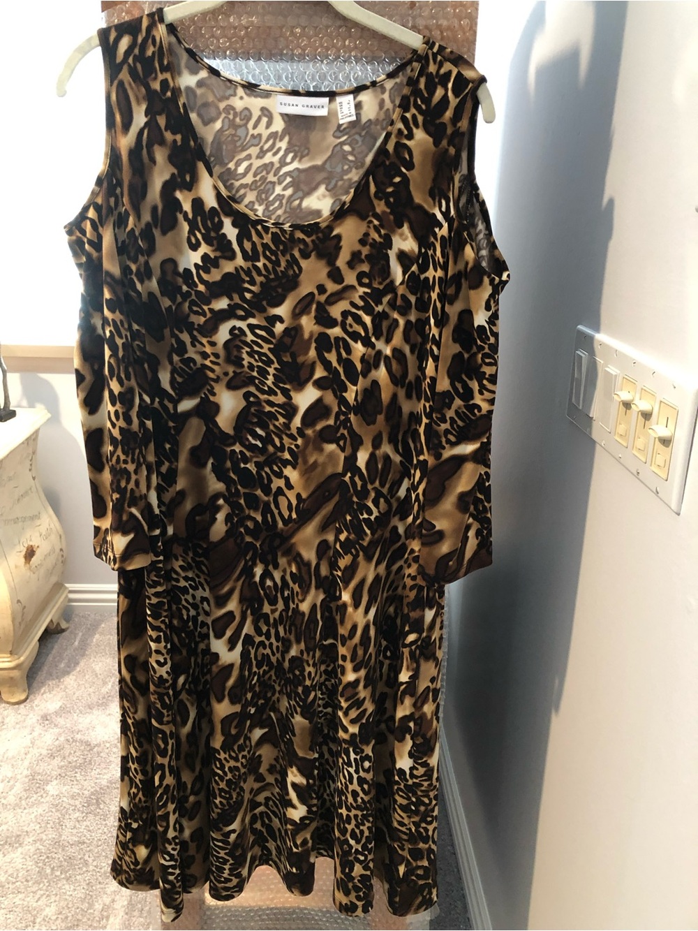 Karen Kane Tan and Black Leopard-Print Cold-Shoulder Midi Dress